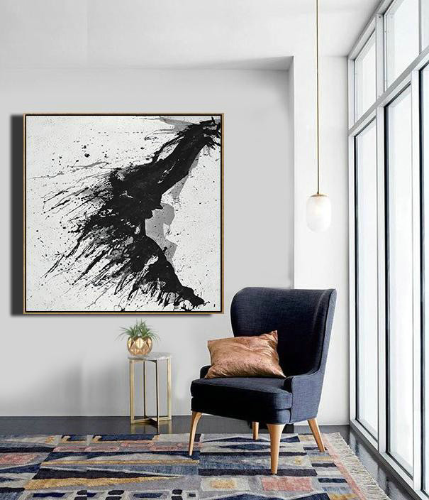 Large Contemporary Art Acrylic Painting,Minimalist Drip Painting On Canvas, Black, White, Grey - Original Modern Art,Large Wall Art Handmade